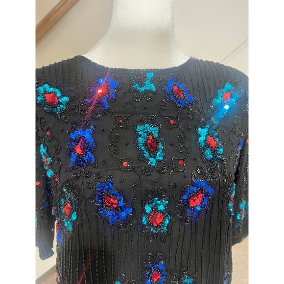 Vintage Stenay Beaded Sequined Embellished Short Sleeve 100% Silk Top Size XL - Picture 3 of 9